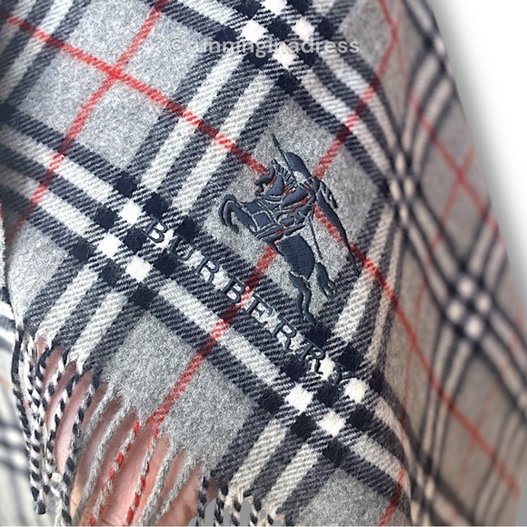 Vintage Burberry Nova Check Blanket Scarf Equestrian Knight Logo Grey Navy Blue - Picture 14 of 15